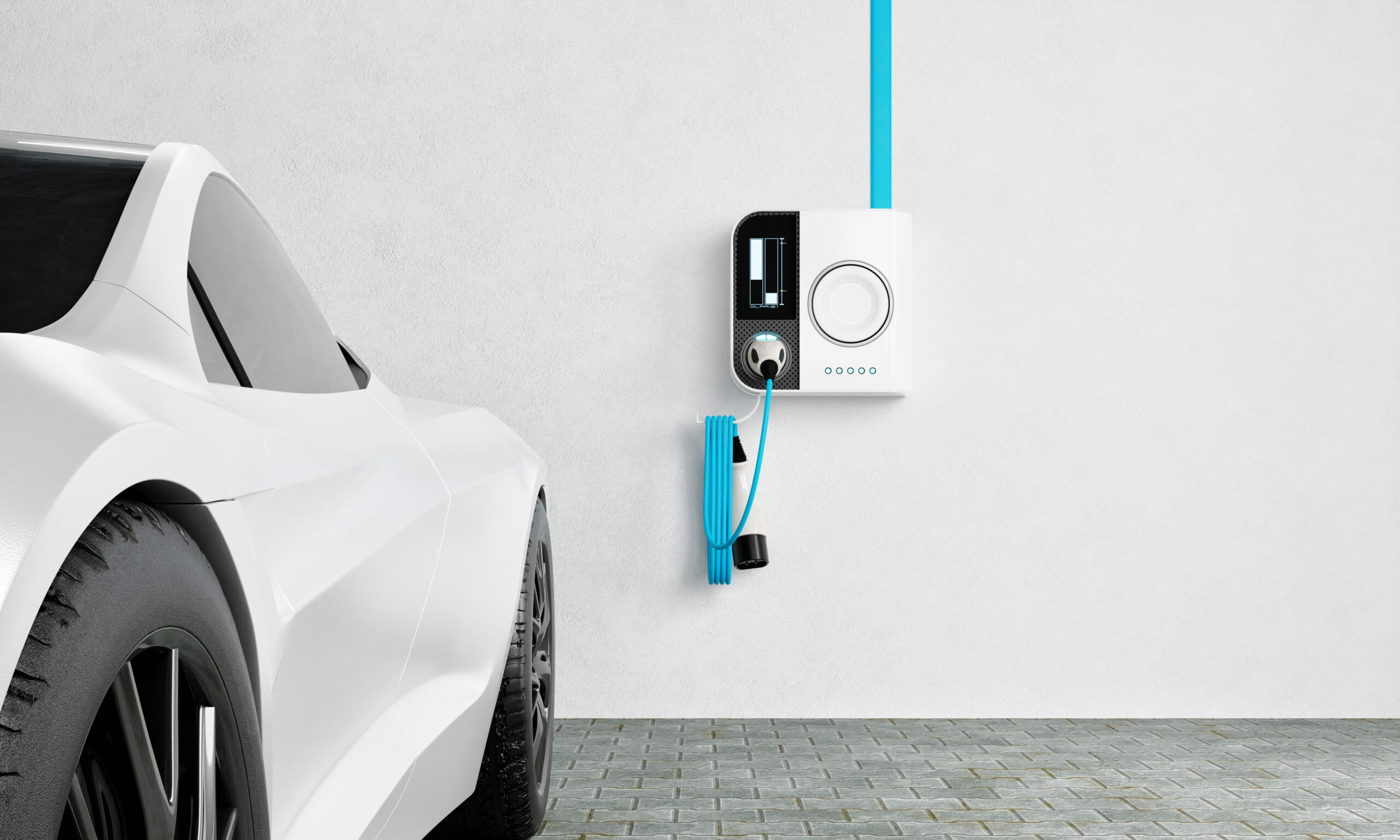 High-speed charging station for electric vehicles at home garage with blue energy battery charger. Fuel power and transportation industry concept. 3D illustration rendering