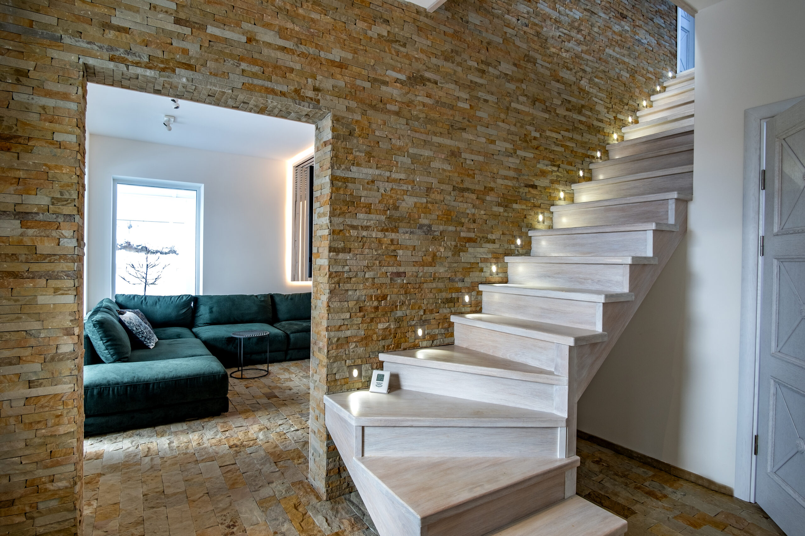 Stylish wooden contemporary staircase inside loft house interior